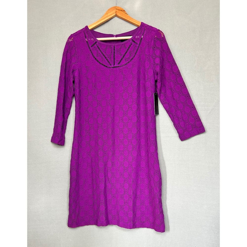 Laundry Shelli Segal Sheath Dress Purple 6 Crochet Lace 3/4 Sleeve Grape Juice